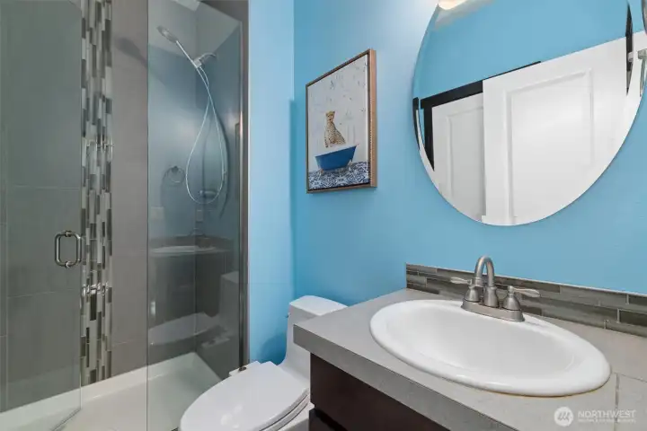 main floor 3/4 bath adjacent to office