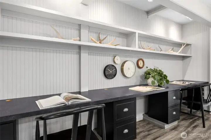 Custom built-in work space is conveniently located