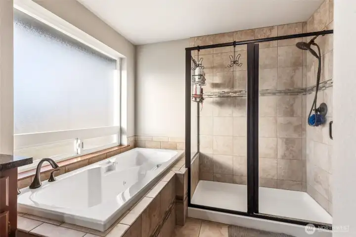 Jetted tub and oversized shower