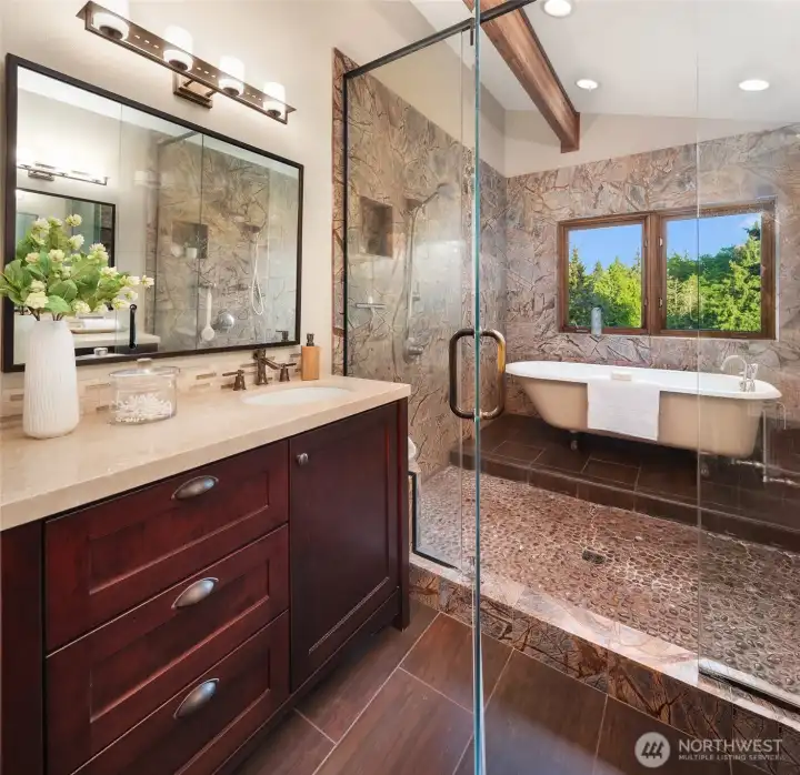 Primary bath with wet room and dual sinks