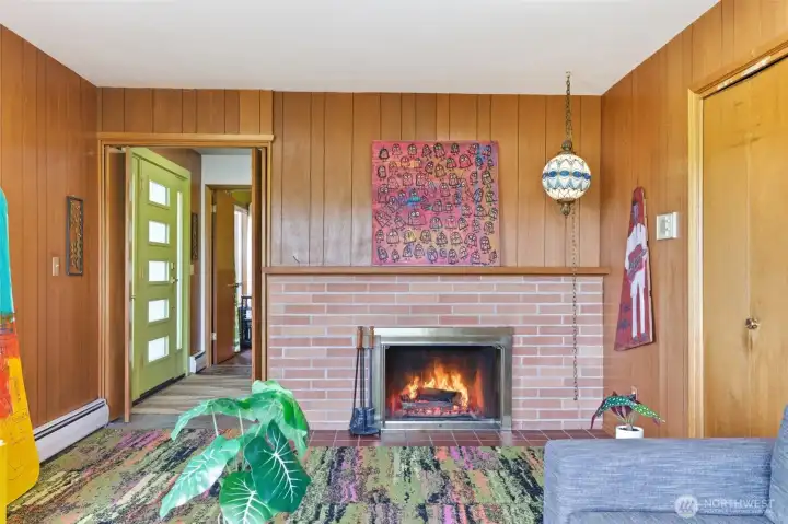 Wood burning fireplace. Wood burning fireplace.