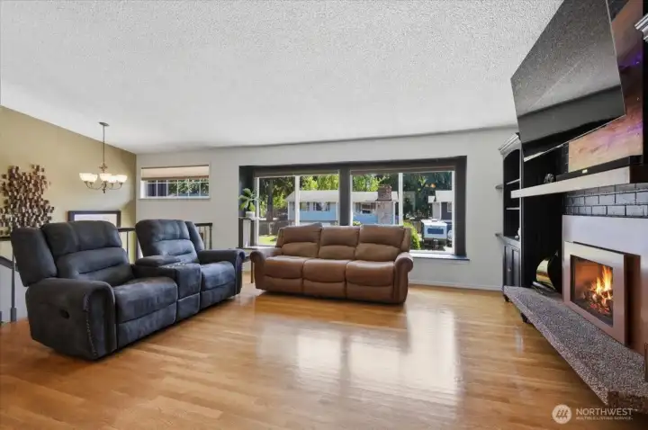 The living room has a gas fireplace.