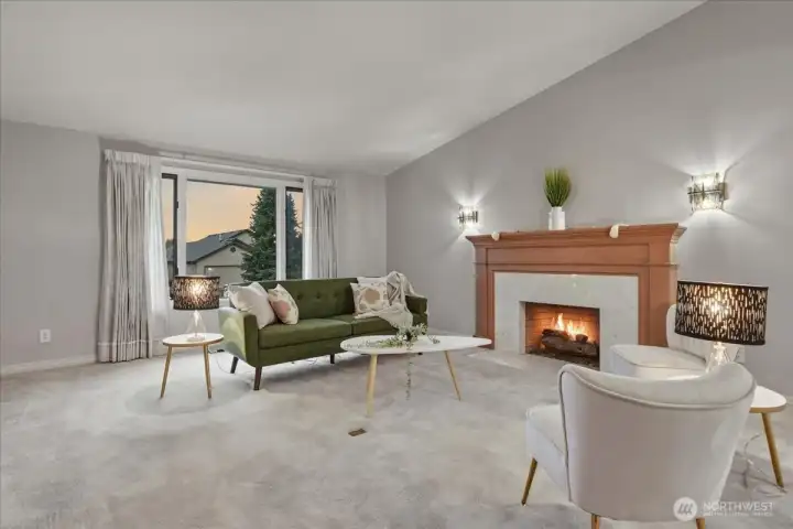 carpeted living room, gas fireplace, vaulted ceilings carpeted living room, gas fireplace, vaulted ceilings