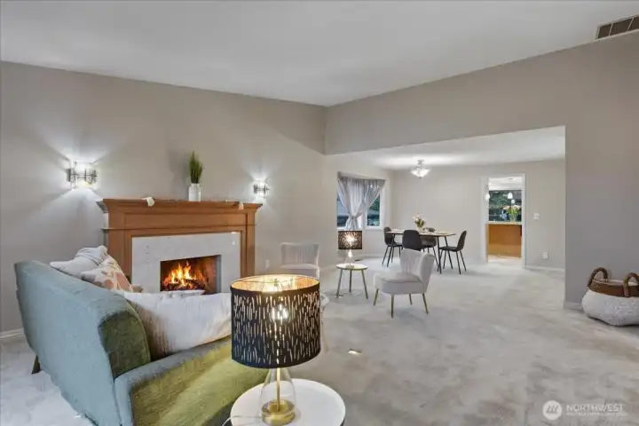 open living room/dining room, carpeted, gas fireplace open living room/dining room, carpeted, gas fireplace