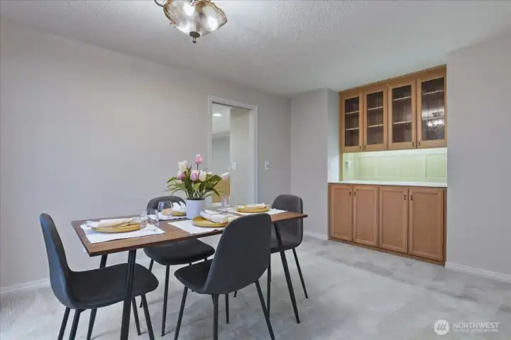 carpeted dining room, built-in hutch carpeted dining room, built-in hutch