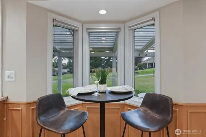 dining nook, bay window, golf course view, patio view dining nook, bay window, golf course view, patio view