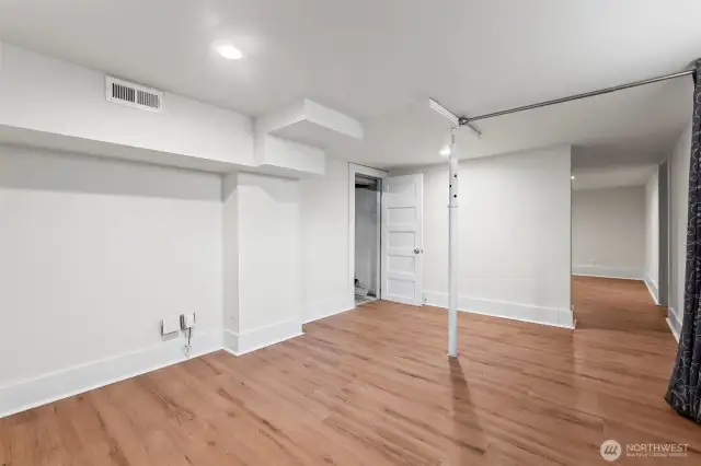 Basement rec room and storage area