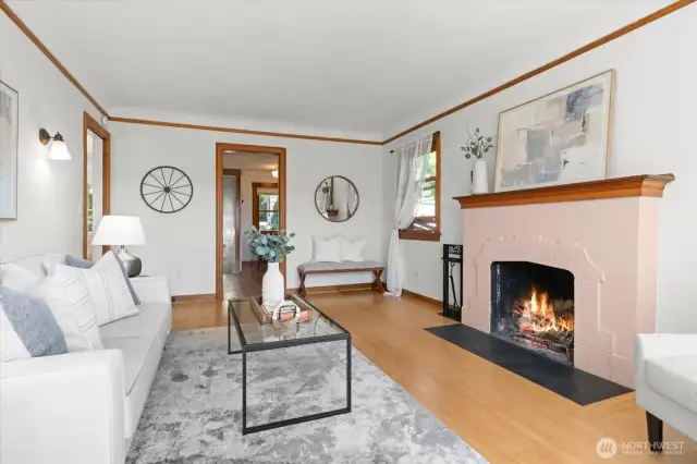 Comfortable living room with functioning fire place