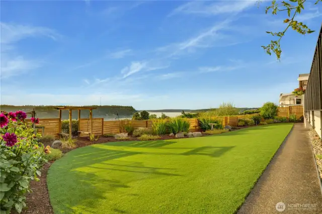This perfectly green grass is professionally installed turf.  The little pergola leads to a garden area.