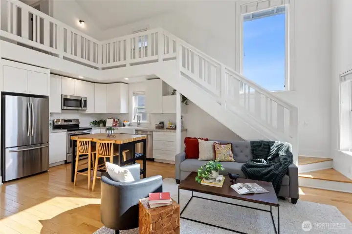 519 DADU: Open concept living room and kitchen with vaulted ceiling