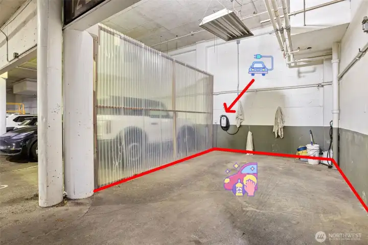 Garage amenities that make life easier. Community car wash, a temporary loading zone, and EV charging.