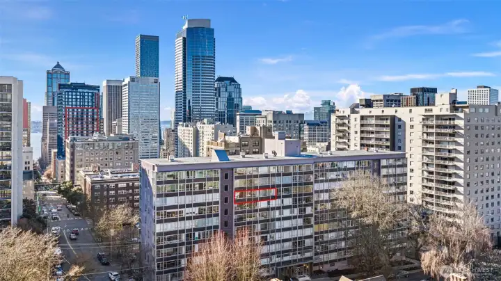 Sutton Place. Residence 808 highlighted—an 8th-floor perch with an open neighborhood outlook at the edge of downtown.