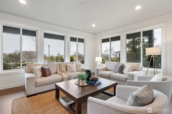 This room also enjoys the brightening impact of many windows.