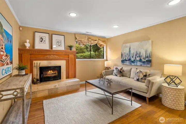 Rec Room with wood burning fire place.