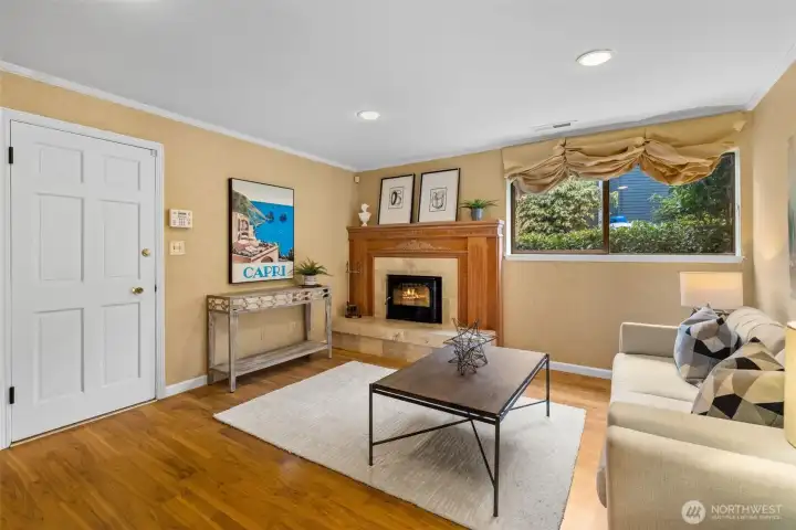 Rec Room with wood burning fire place.