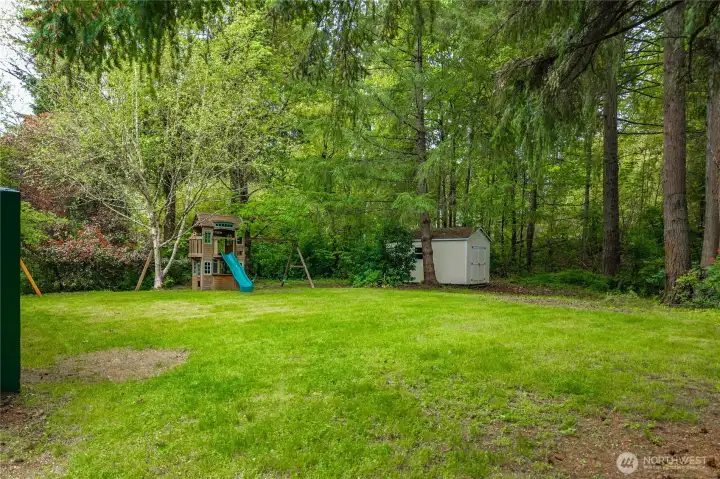 The side yard feels like a park and comes with the play set and shed