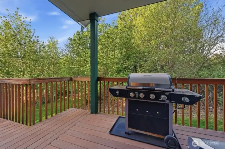 Covered BBQ area off the dinette/kitchen area.  Such beautiful views~Enjoy wooded bliss each day as you listen to the birds morning song~