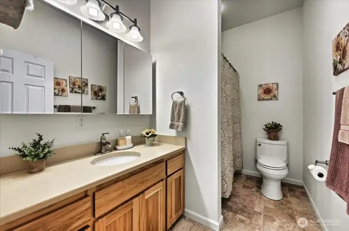 Upstairs full bathroom~lovely quartz counters, big mirrors and extra counter space~