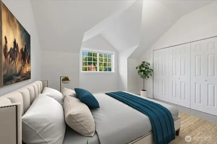 One of two upstairs bedrooms-love these vaulted ceilings and dormer windows