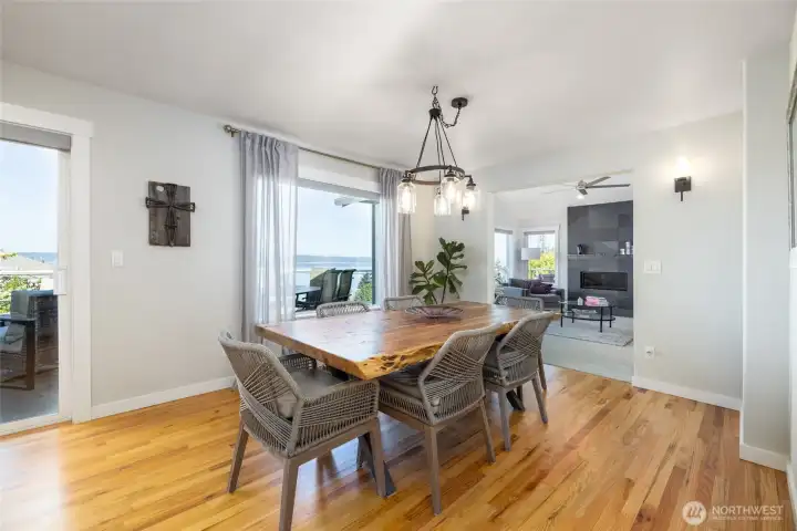 Formal dining area just off the living room, with real hardwood floors, bay views.