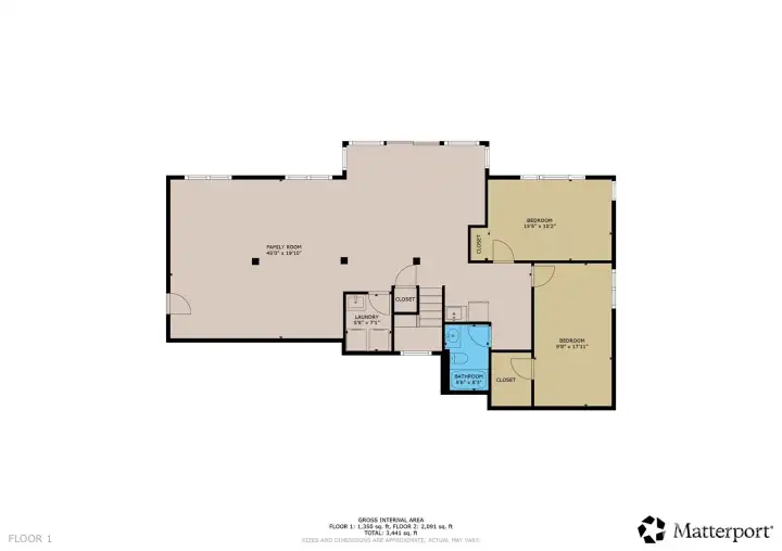 Lower floor floorplan.  Garage (not shown) is to the left of the family room.