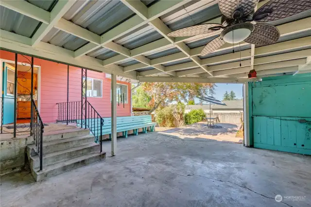 Out the kitchen door leads to the covered patio. What a great place to hang out!