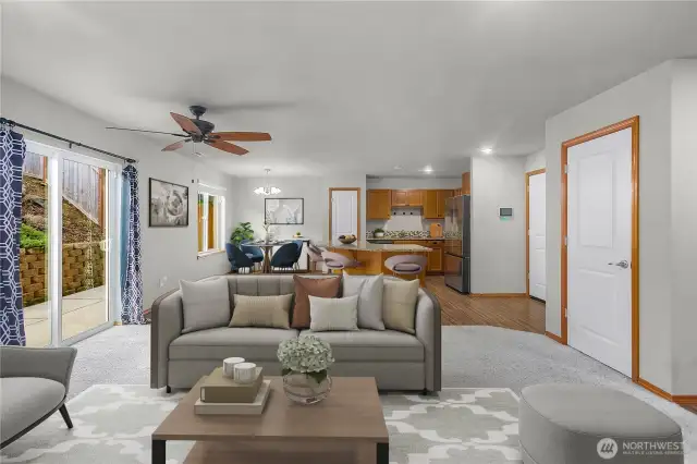 Virtually staged living room and kitchen