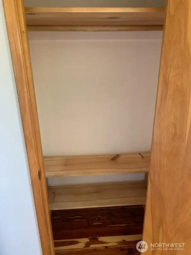 Closets with shoe shelves and cedar flooring