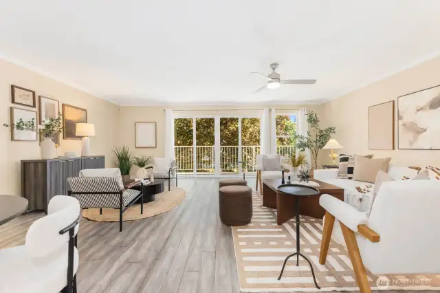 Fill this room to meet your needs.  Dining area, check.  Living room, separate sitting area, yes.  Or fill this space with a massive entertainment center, entirely up to you