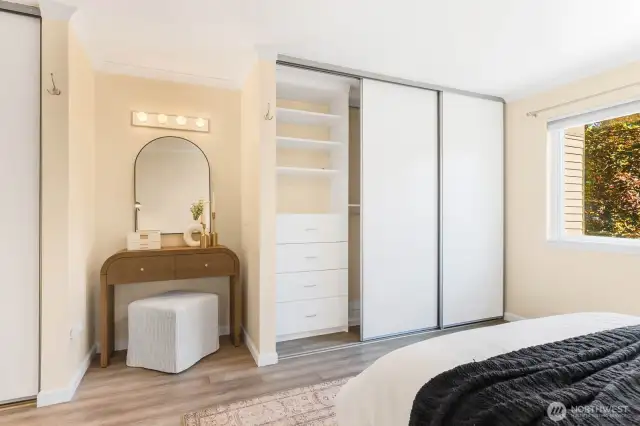 2 separate closets in the Primary, each with custom inserts to maximize the space and your organization skills