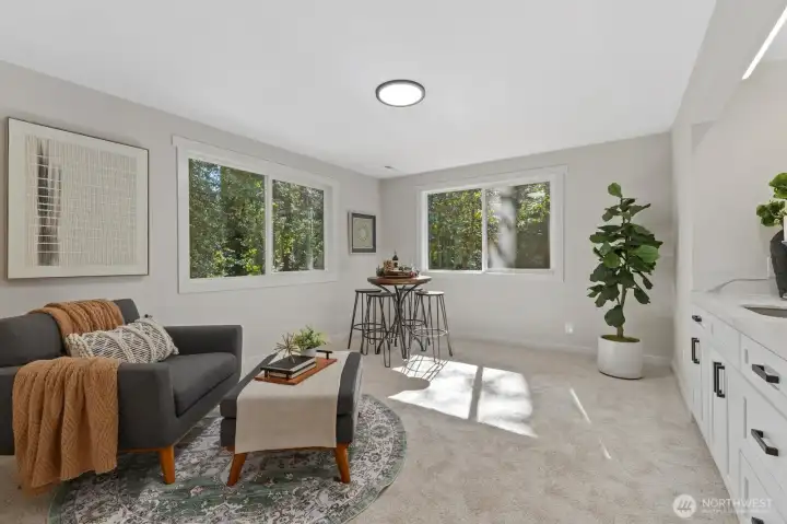 Let your imagination soar with this amazing flex space. Built in wet-bar, storage, and a space for a beverage fridge/bar cart. Turn it into a guest space or the ultimate teen hang-out room!