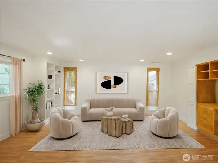 Bright and airy living room with large windows and natural light. 3D virtual staging