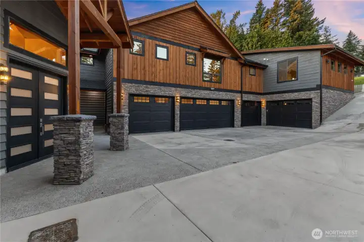 Stained cedar with gray, black, and stone accents