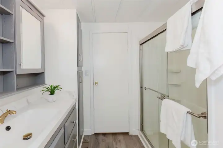 Easy access shower with low step in and glass doors.