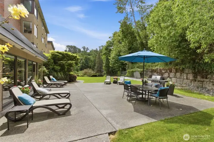 Enjoy the peaceful backyard patio and lawn equipped with a gas firepit and BBQ