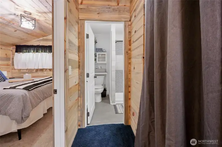 Down the hall to the 3/4 bathroom-