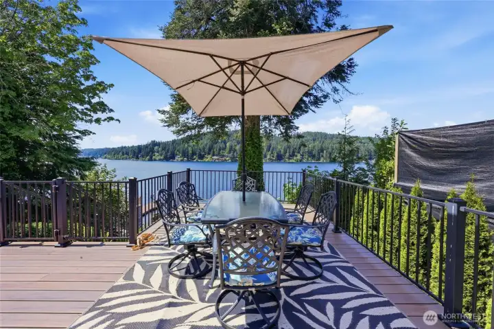 444 sq ft deck- stairs down to the DOCk- safety fence for littles or pets.