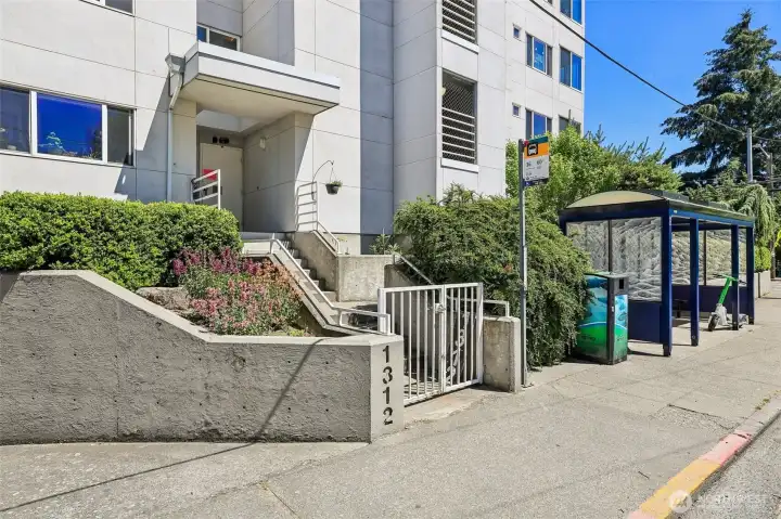 Transit stop directly out-front of building Transit stop directly out-front of building