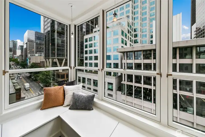 View from #701: Looking north over First Avenue toward Pike Place Market from the built-in banquette.