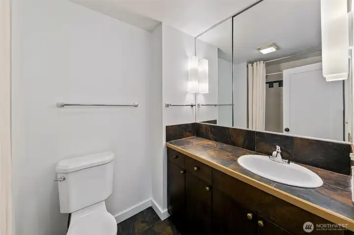 A clean, well-kept bath with generous counter space and storage.