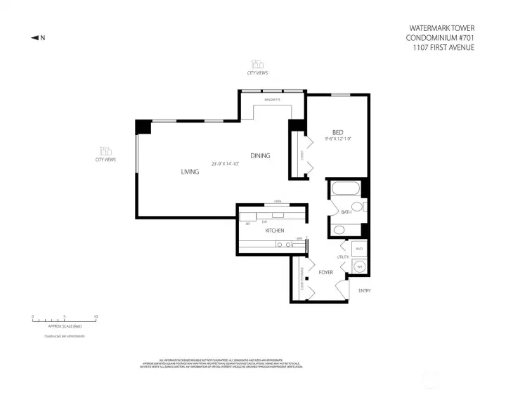 A true foyer, open living and dining room, separate bedroom, built-in banquette, in-suite laundry and useful storage—all in a plan that lives clearly.