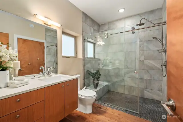 Roll-in shower for lower-level bathroom.