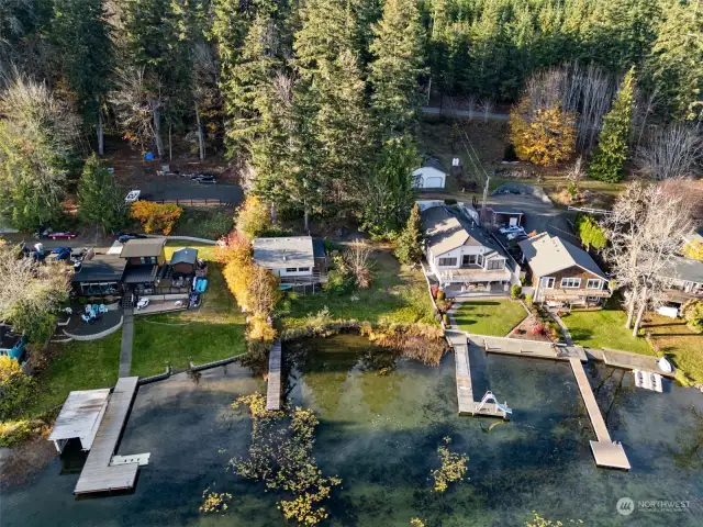 Aerial view of cabin with included second lot, and neighbors.