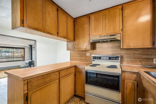 View from kitchen to dining and living spaces.