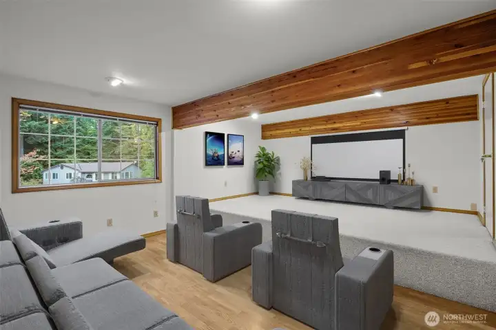 Media room over garage virtually staged.