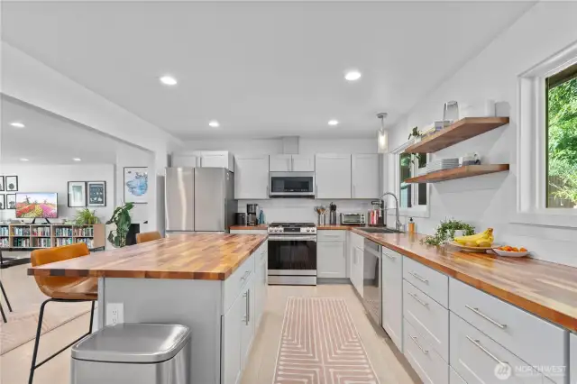 Butcher block counters and stainless steel appliances