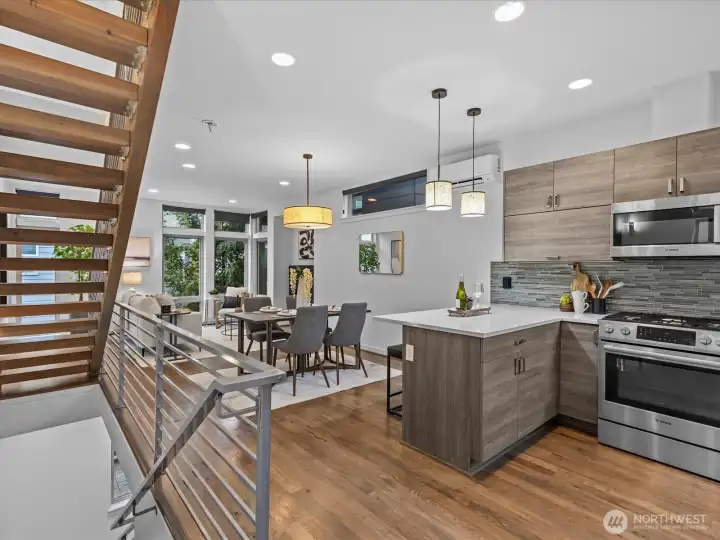 Main level kitchen, dining and living room