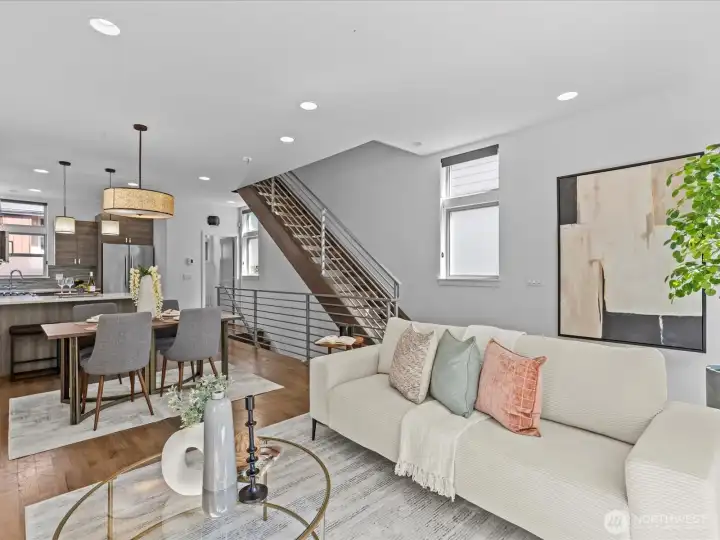 Main level kitchen, dining and living room