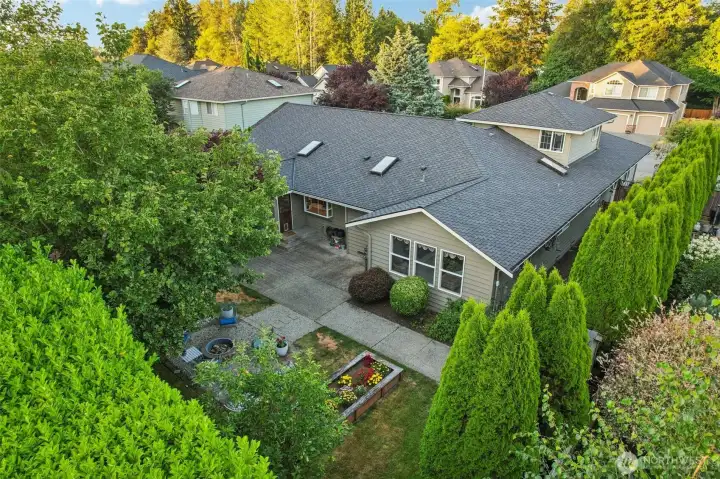 You can see how private the yard is, surrounded by mature trees and evergreen shrubs.