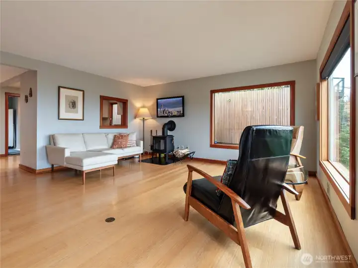 Another view of living room, with new wood stove.